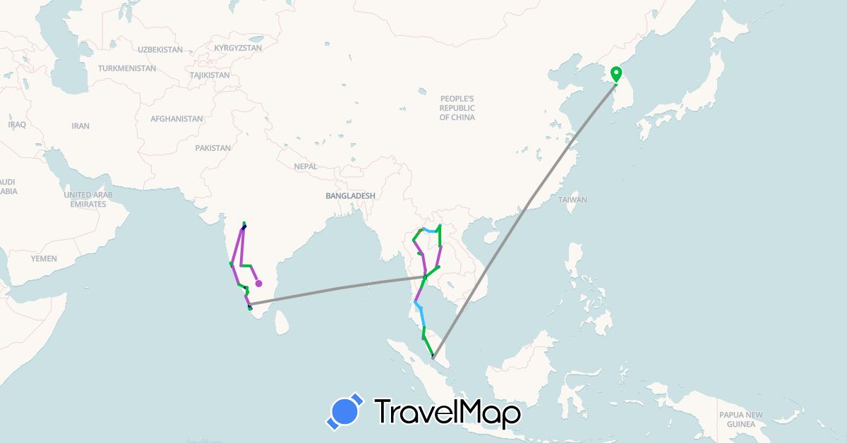 TravelMap itinerary: driving, bus, plane, train, hiking, boat in India, South Korea, Laos, Malaysia, Thailand (Asia)